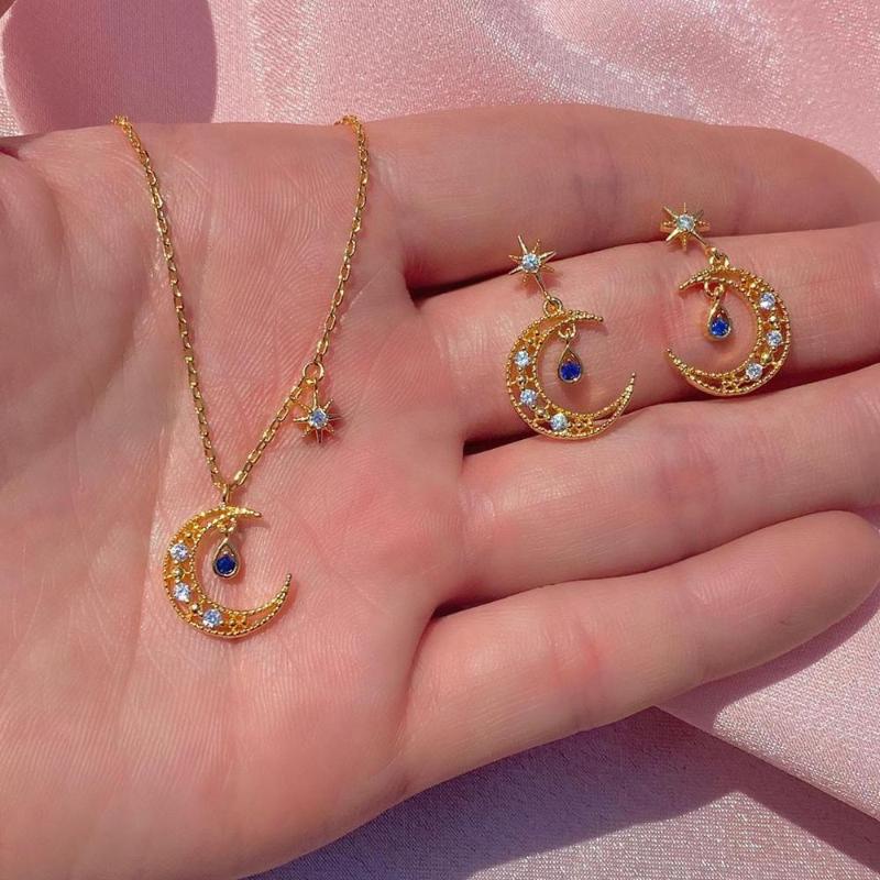 

Chokers Fashion Girl Women Jewelry 5A White Blue CZ Paved Moon Star Charm Minimal Delicate Lovely Small Pendant Necklace