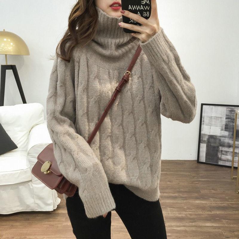 

2021 Women Autumn Winter New Elegant Sweater Female Solid Turtleneck Long Sleeve Knitted Jumper Lady Casual Loose Pullovers E226, Qianhuise