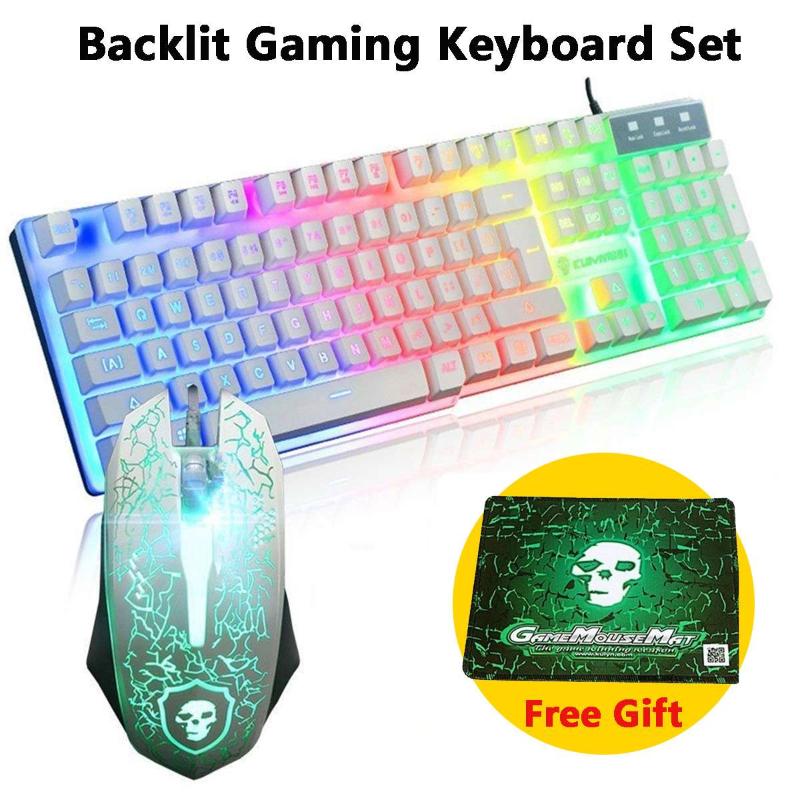 

Rainbow Backlight USB 2400DPI LED Gaming Spanish Wireless Keyboard and Mouse Pad Combo Backlit Wired Gamer Key Board Kit Mice