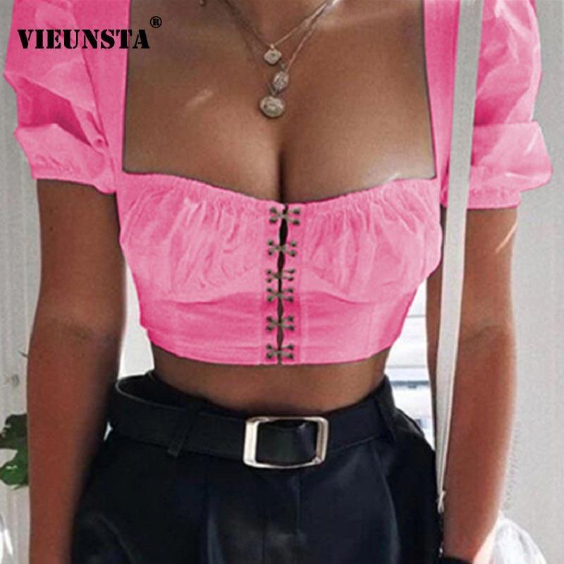 

2021 Summer Puff Short Sleeve Women Blouse Shirts Spring Square Collar Solid Slim Blouse Sexy Hollow Out Hook Crop Tops Pullover, Pink