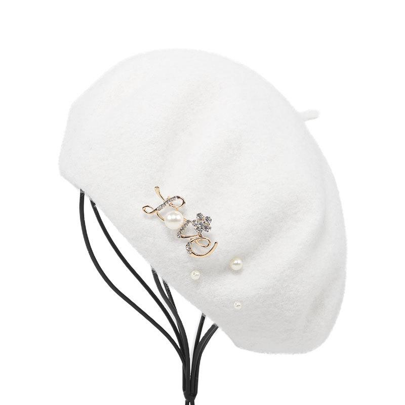 

202011-23-shi9088 white wool love pearl pin lady beret hat women Leisure painter hat