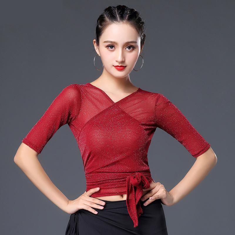 

Top-costume New Latin Dance Training Top For Women/female Short Sleeve Lace Up Sexy Mesh Vogue Black Lady Modern Dance Shirt XXL, Wine red tops