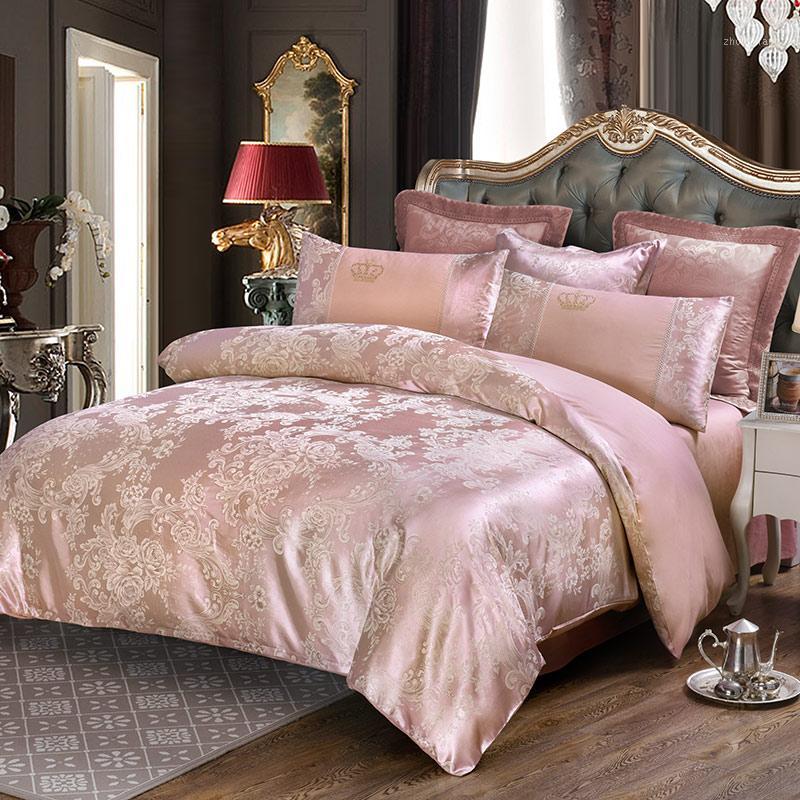 

Deep Pink Flower Jacquard 4pcs  King Bedding Sets Luxury Silk Quilt Duvet Covers Quality Bed Clothes Bedsheet Pillowcase