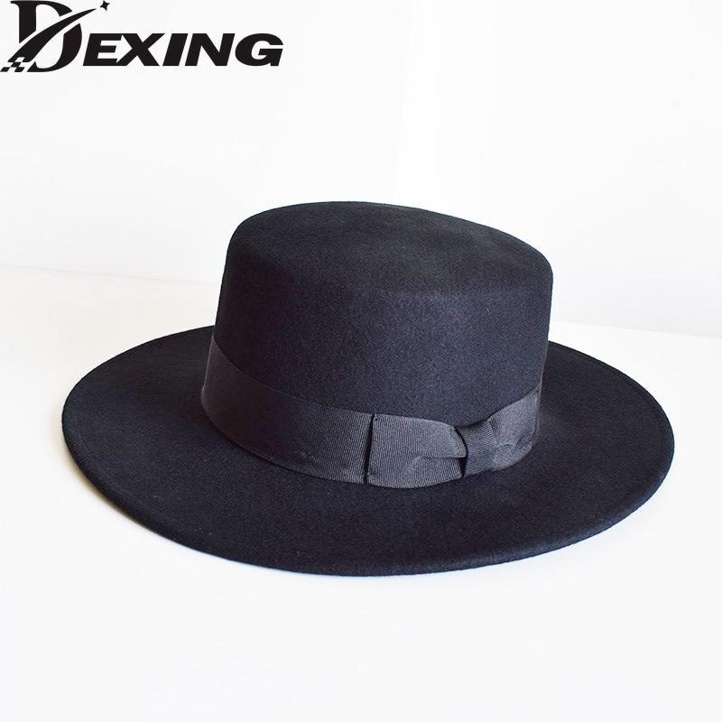 

Autumn winter leisure wide brim fedora flat black woolen top hat men women bow felt hat jazz