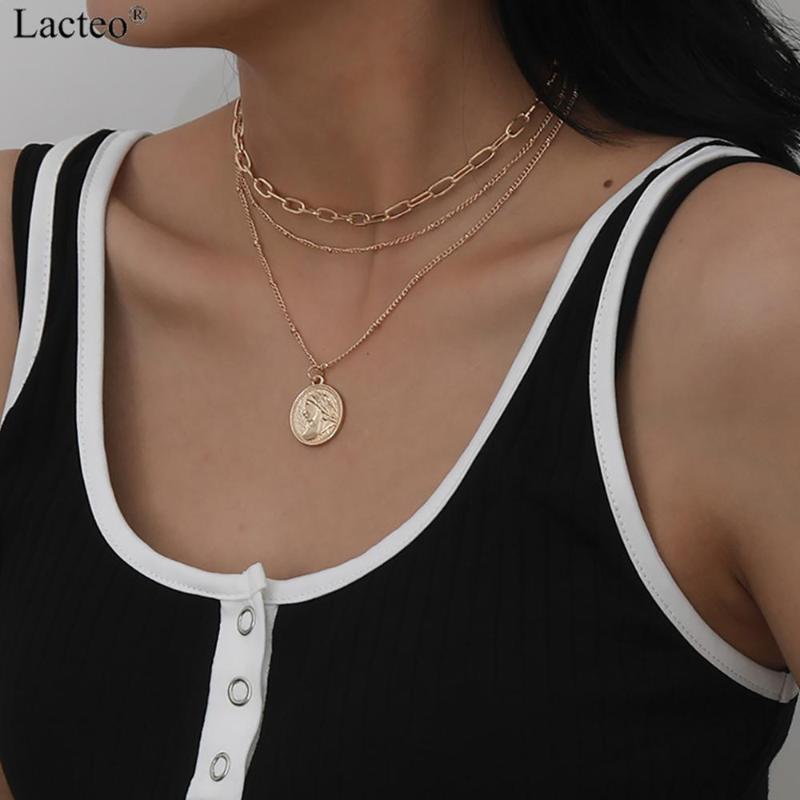 

Lacteo Vintage Carved Coin Virgin mary Pendant Necklace Jewelry for Women Retro Multi Layered Cross Chain Choker Necklace