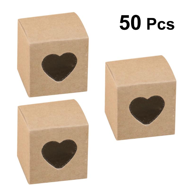 

50pcs Square Kraft Paper Box With Window Chocolate Candy Boxes Transparent Heart Shape PVC Window Cupcake Boxes Wedding Party