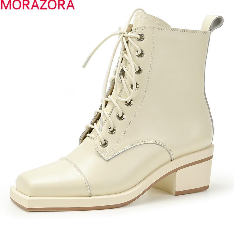 

MORAZORA Genuine leather boots thick heels square toe fashion lace up ladies shoes autumn winter solid color ankle boots1, Rice white