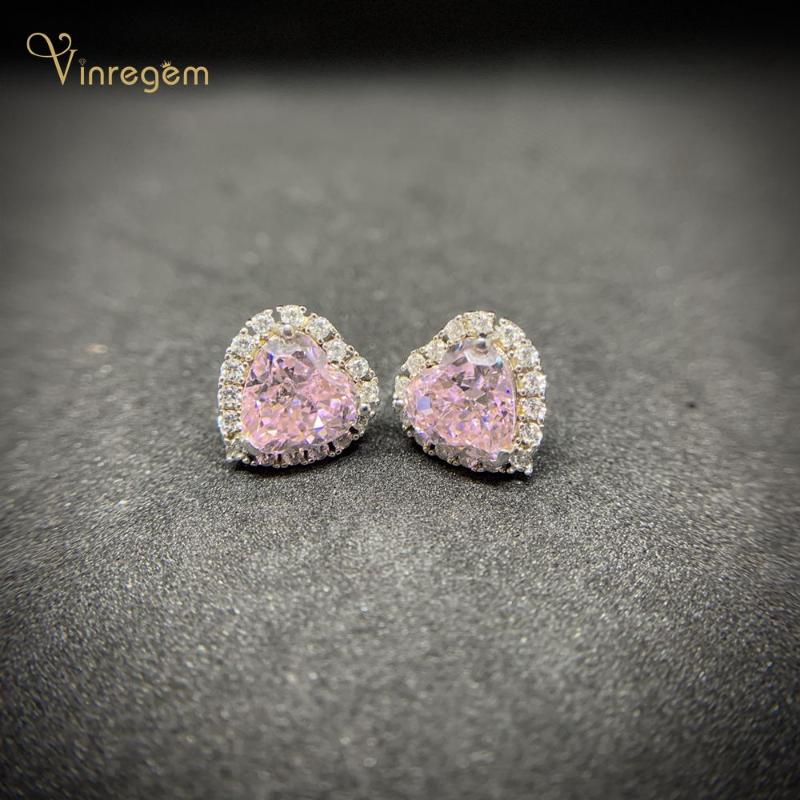 

Stud Vinregem 925 Sterling Silver Love Heart Pink Sapphire Created Moissanite Gemstone Engagement Cute Studs Earrings Fine Jewelry, Golden;silver