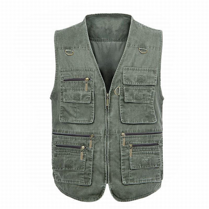 

7XL Men Blousons Sleeveless Cotton Jacket Multi Pocket V-neck Zipper Vest with Many Pockets Chalecos Hombre Sin Mangas Mens Vest, Army green