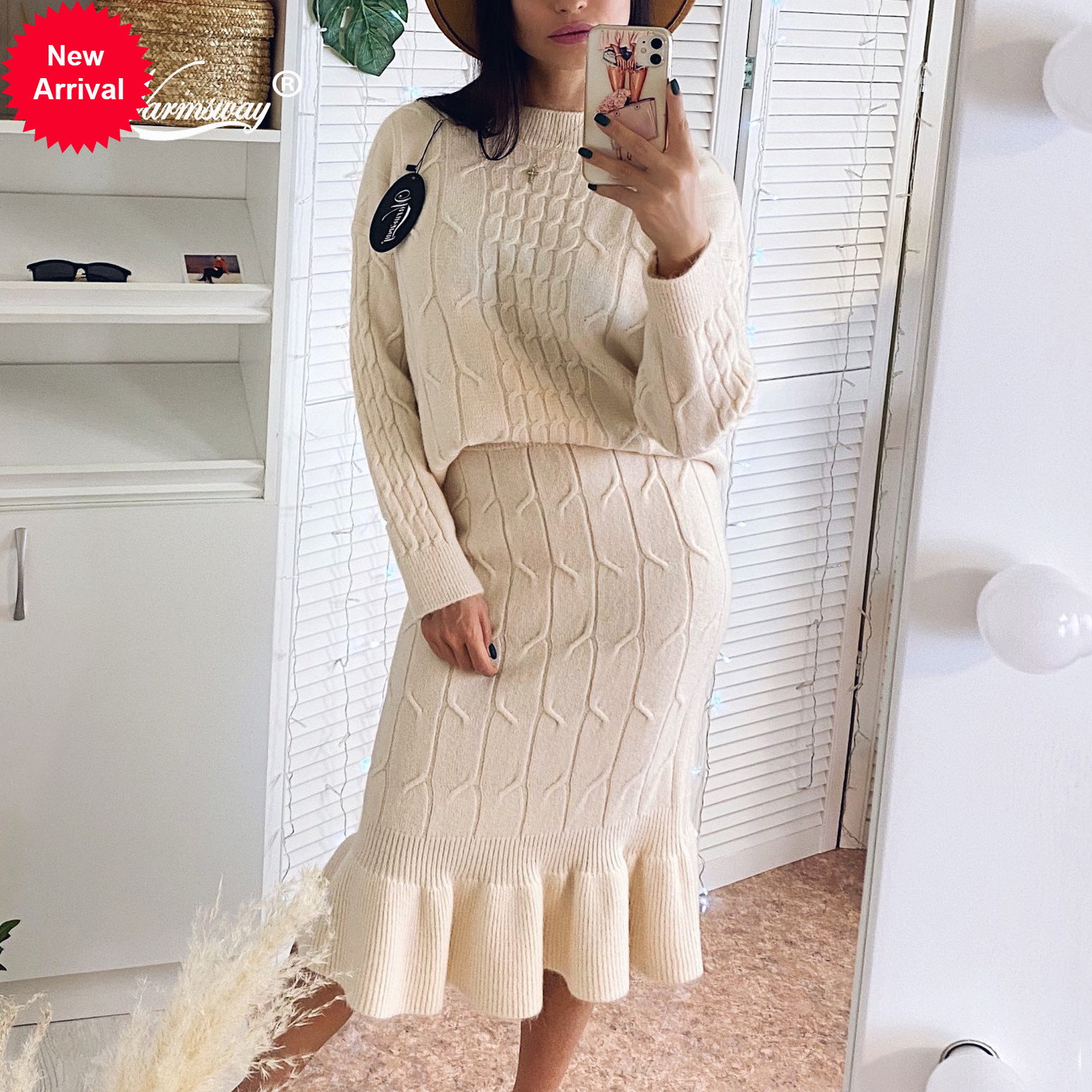 

Thick hot knit pullover and mermaid skirt of two female ensemble shoulder fall oversized winter tops elegant sweater C-230, Pink