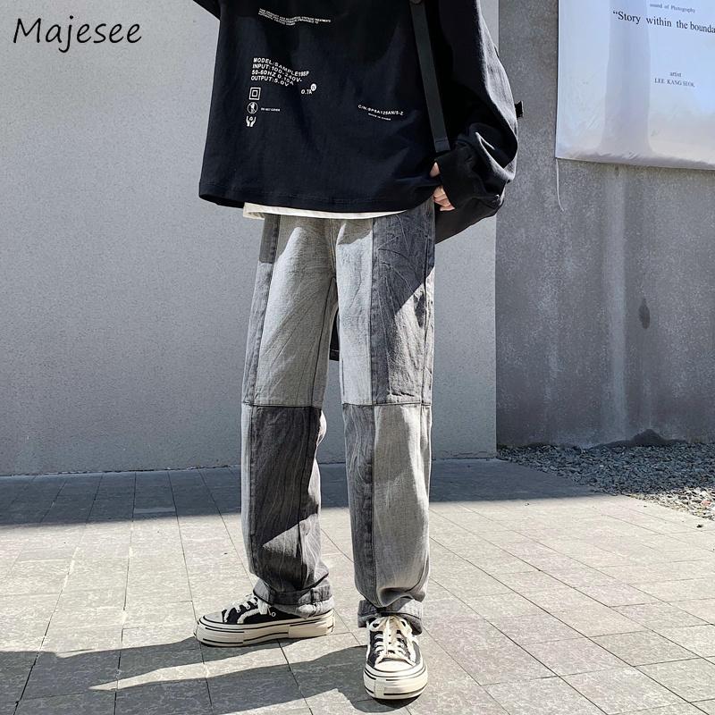 

Jeans Mens Splicing Harajuku Straight Trendy Vintage Denim Trousers Fashion Chic Gray Blue Casual Plus Size 3XL Kpop for Men