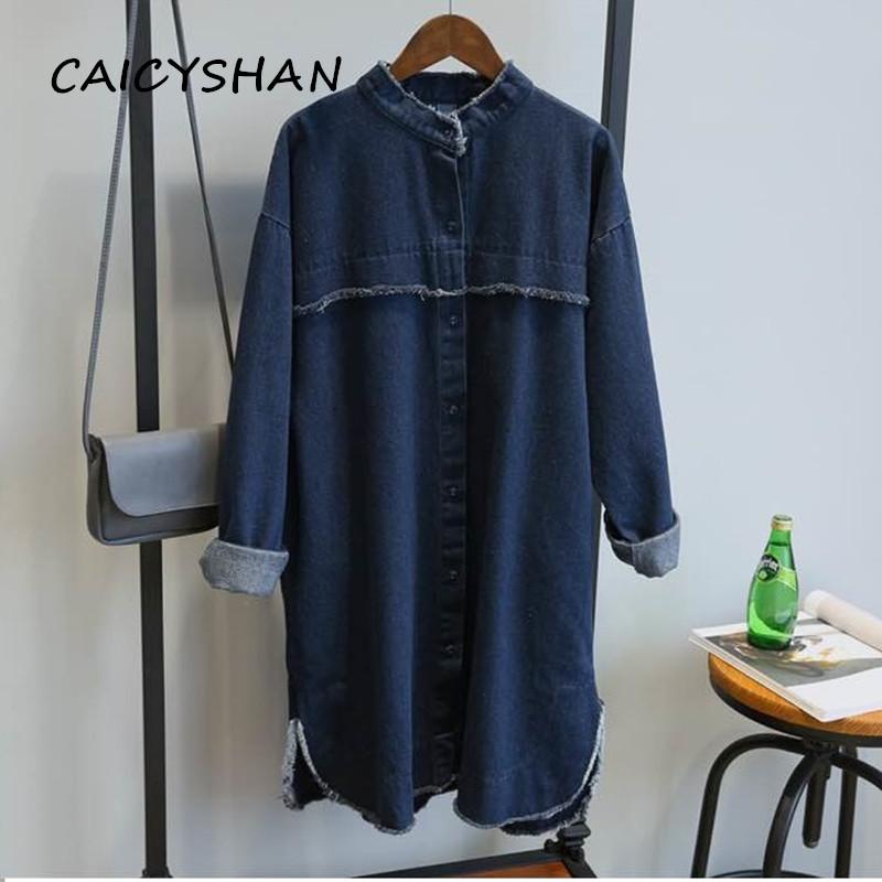 

New Spring Autumn Women Trench Coat Plus Size Casual Loose Stand Collar Solid Vintage Jeans Coat For Women Large Denim Trench, Black