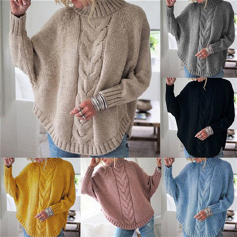Women Batwing Sleeve Sweater Fashion Trend Long Sleeve High Neck Knitted Pullover Tops Designer Female Winter Plus Size Casual Loose Sweater
