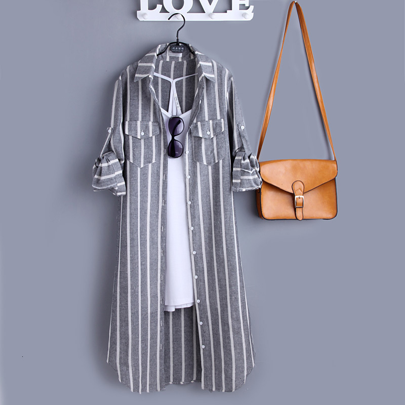 

2021 New Korean Cotton Linen Vertical Stripes Sleeve Blouse Women Tops and Blouses Female Haut Femme Blusa Long Shirt Kr0m, Gray