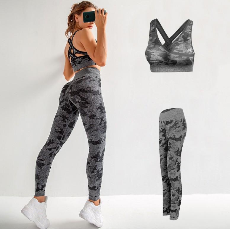

Camouflage training sports sets women' hollow back yoga bra top quick drying fitness pants sportswear 2 pcs1, Camouflage purple