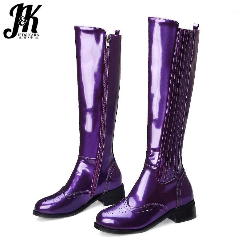 

JK Patent Pu Boots Women Knee High Boot Ladies Round Toe Shoes Female Zip Low Heels Shoes Casual Winter Purple 2020 New1, Purple short plush