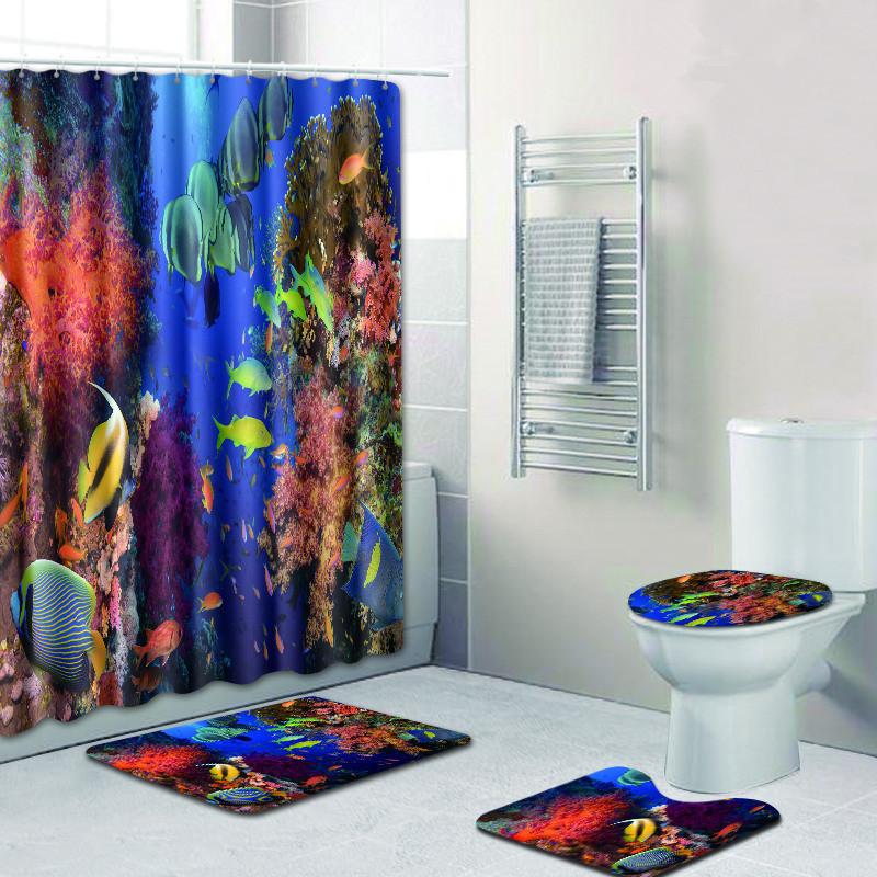 

ONGLYP 4pcs Shower Curtain Set 3D Ocean Animals Bathroom Curtains with Hooks Non Slip Bath Mat Toilet Cover Rugs Mat Home Decor