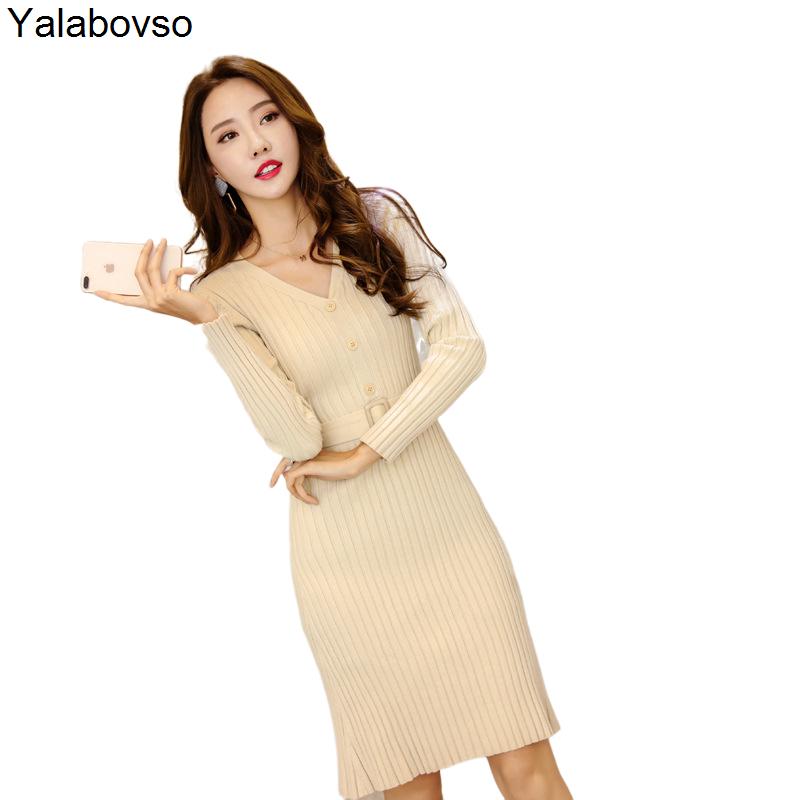 

V-Neck With Bottom Knitted Dress New Korean Fashion Slim Fit Mid Long For Women In Autumn And Winter 2020, Black