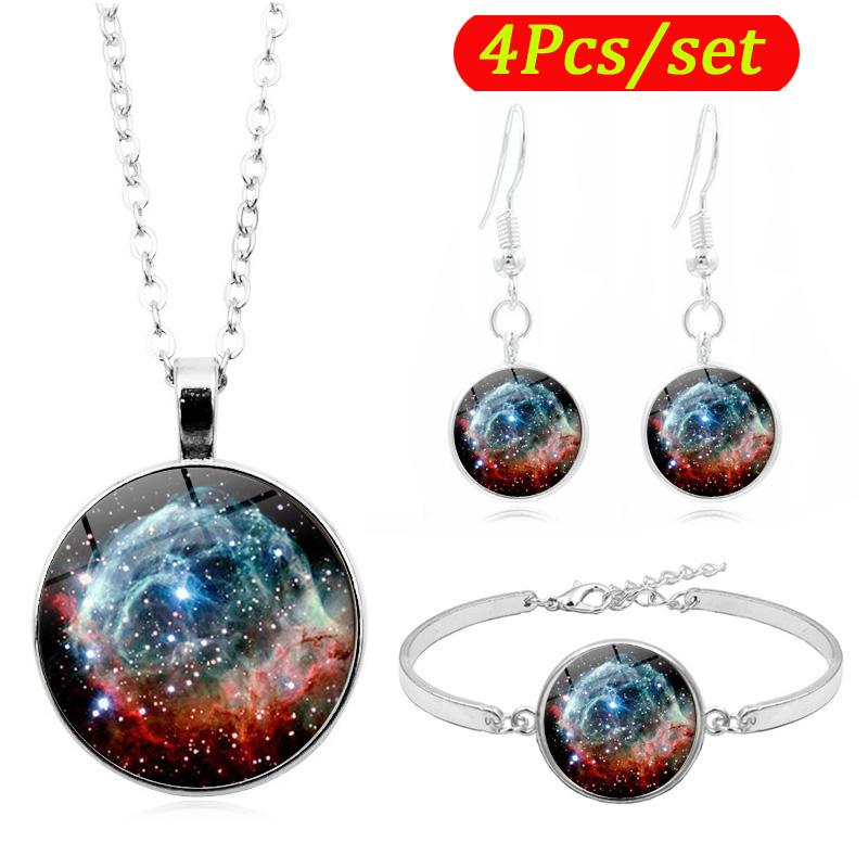 

2020 New Women Jewelry Set Galaxy Nebula Glass Cabochon Pendant Necklace Earring Bracelet Set Gifts for Friends, As pic