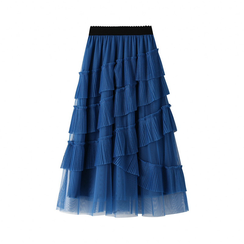 

New Female Designer Frilly Layers Maxi Long Mesh Chic Skirt High-waisted Solid-waisted Preppy Sweet Girl 50s Skirts Rrn0, Blue