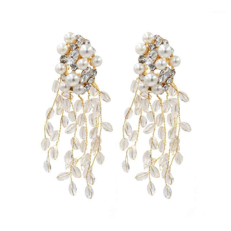 

Europe And The United States Hot Star Street Shooting Long Crystal Tassel Earrings Fashion Pearl Flower Earrings1