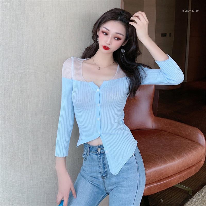 

Real shot sexy slim V-neck small fragrant wind light mesh stitching knitted sunscreen top1, Blue