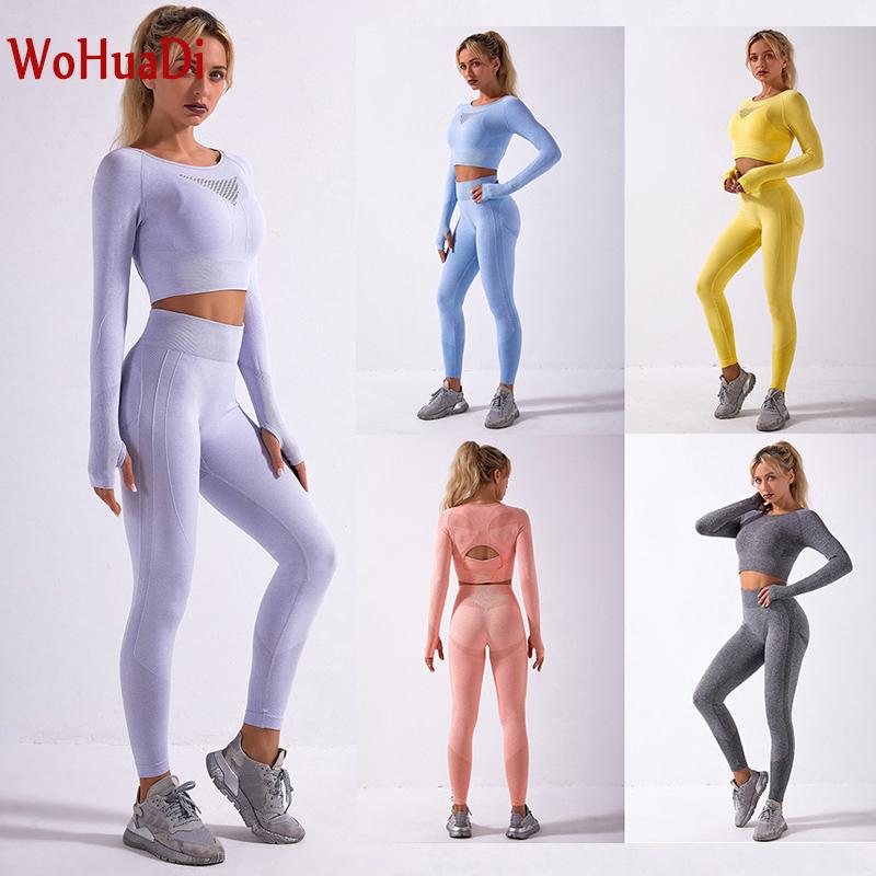 

WOHUADI Women' Clothing Sport Yoga Set Gym Workout Suit Fitness Knitting Long Sleeve Shirt + Tight Leggings Female Sportswear, Gray blue top