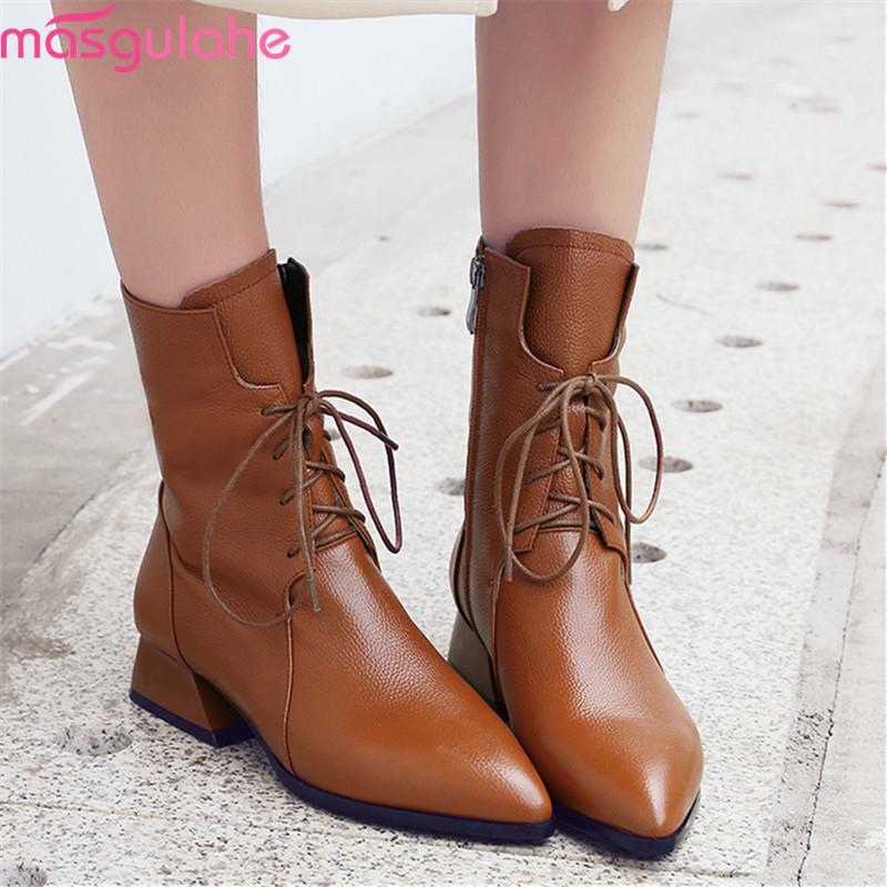 

Masgulahe 2020 new arrival genuine leather shoes women ankle boots fashion warm autumn winter boots ladies dress shoes black, Brown not fur