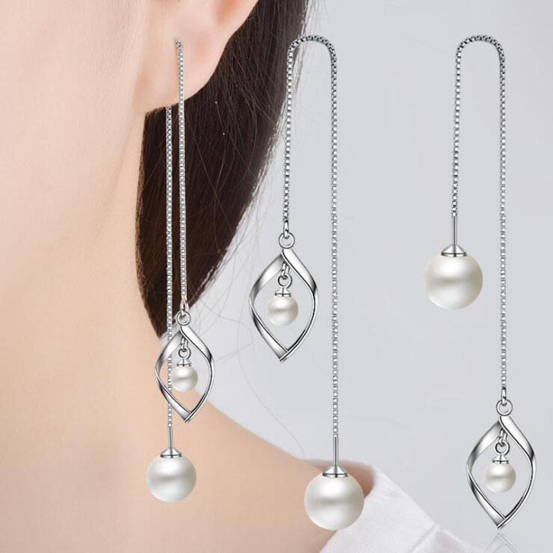 

KOFSAC Fashion 925 Sterling Silver Chain Earrings For Women Drop-Shaped Pearl Ear Line Long Tassel Earring Jewelry Gift Brincos
