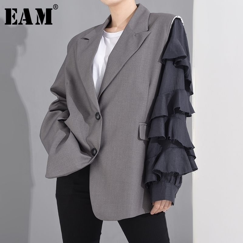 

[EAM] Women Gray Ruffles Burr Split Big Size Blazer New Lapel Long Sleeve Loose Fit Jacket Fashion Spring Autumn 1T27002S 201201, Grey blue