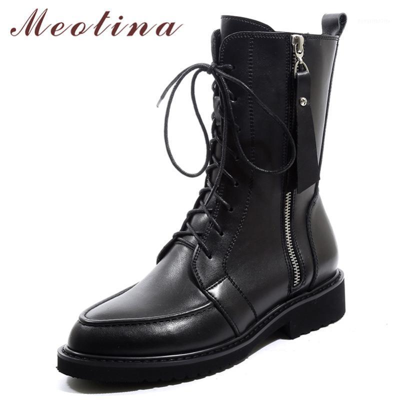 

Meotina Autumn Real Leather Ankle Boots Women Zipper Thick Heels Short Boots Genuine Leather Round Toe Shoes Lady Winter Size 421, Black synthetic lini
