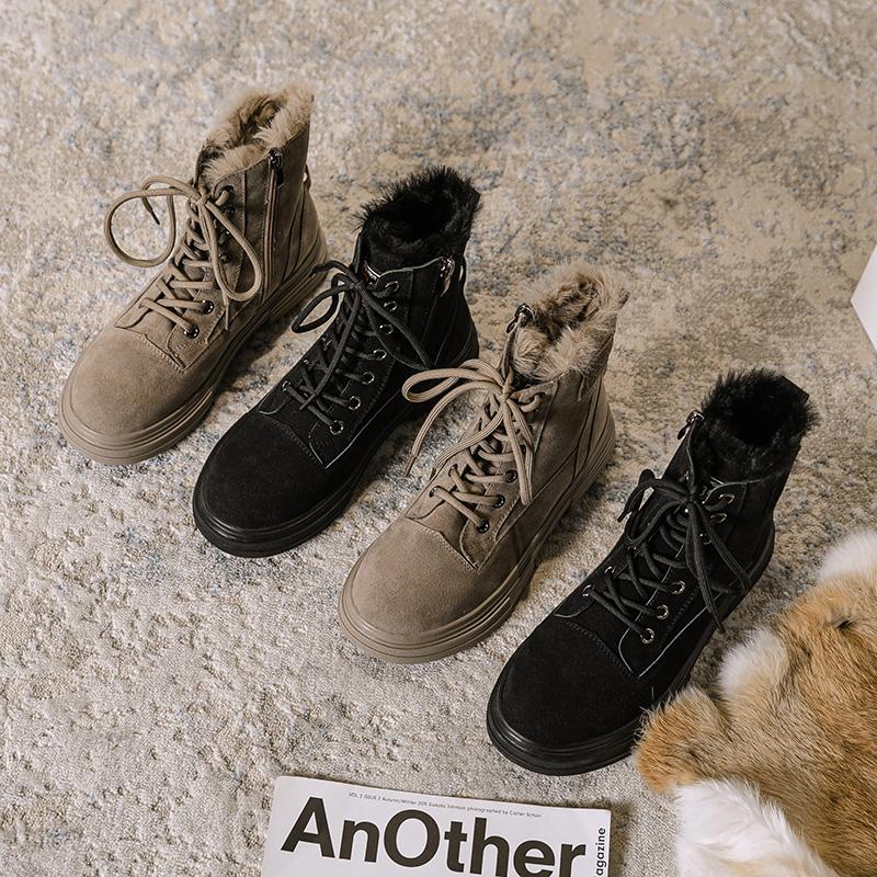 

2020 Women Snow Boots Brown Plush High quality Warm Fur Causal Boots Ankle Booties Platform Thick Sole Lace Up Winter Shoe L8018, Black boots