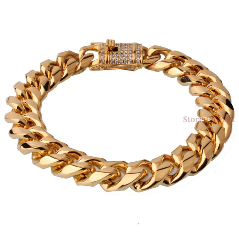 

Hot Sell Mens Boys Hip Hop Gold Tone Stainless Steel Curb Chain White Stone Clasp Bracelet 15mm