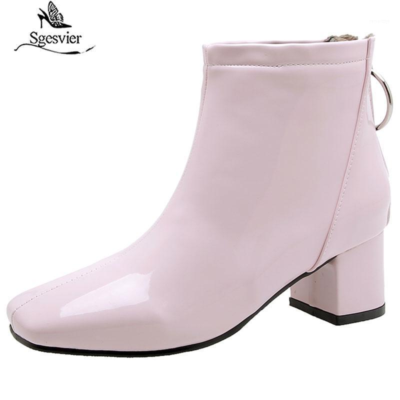 

Sgesvier Patent Leather Yellow Shoes Women Square Toe Zipper Concise Fashion Ankle Boots Short Plush Party High Heel Boots G7731, Black