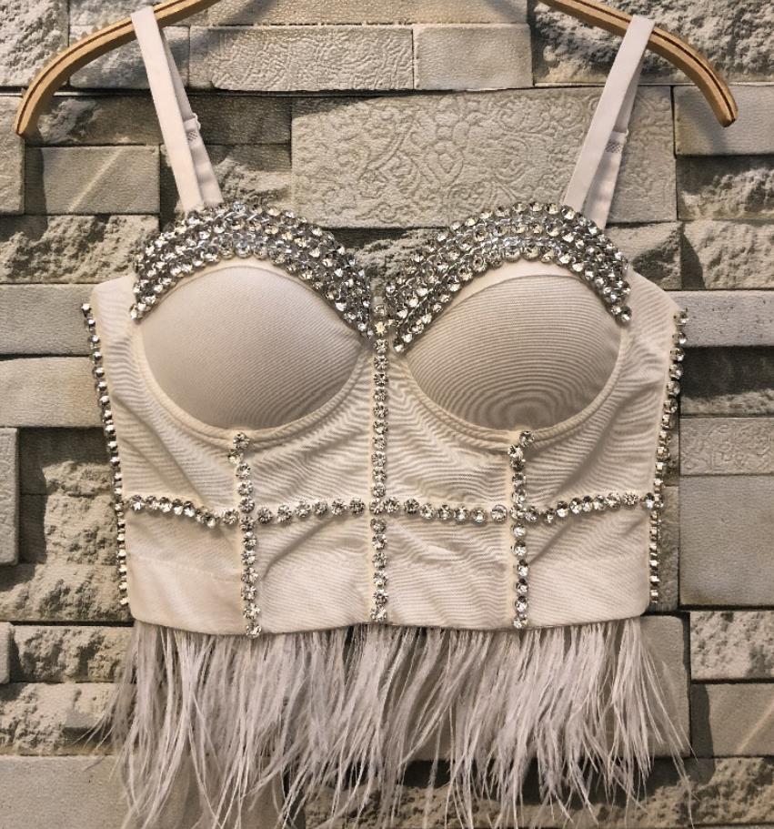 

Women Sexy Short Crop Tops Camis Water Drill Chain Nail Bead Feather Tassel Sleeveless Vest Outside festival Y200701, Khaki