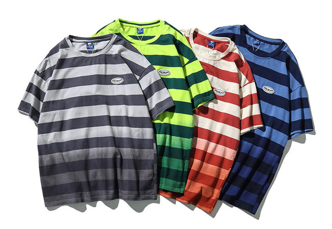 

New Casual Tshirt Loose Rainbow Striped O-neck Short-sleeve Men's T-shirt Tops Male T Shirt Men Cloth Streetwear, Green