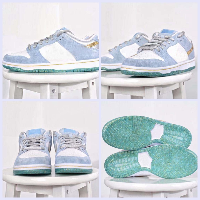 

2020 New Designer Sean Cliver X Sb Dunks Low Mens Running Shoes Shiny Golden Silver Satin Lace Grey Womens Dunk Skate Sports Sneakers