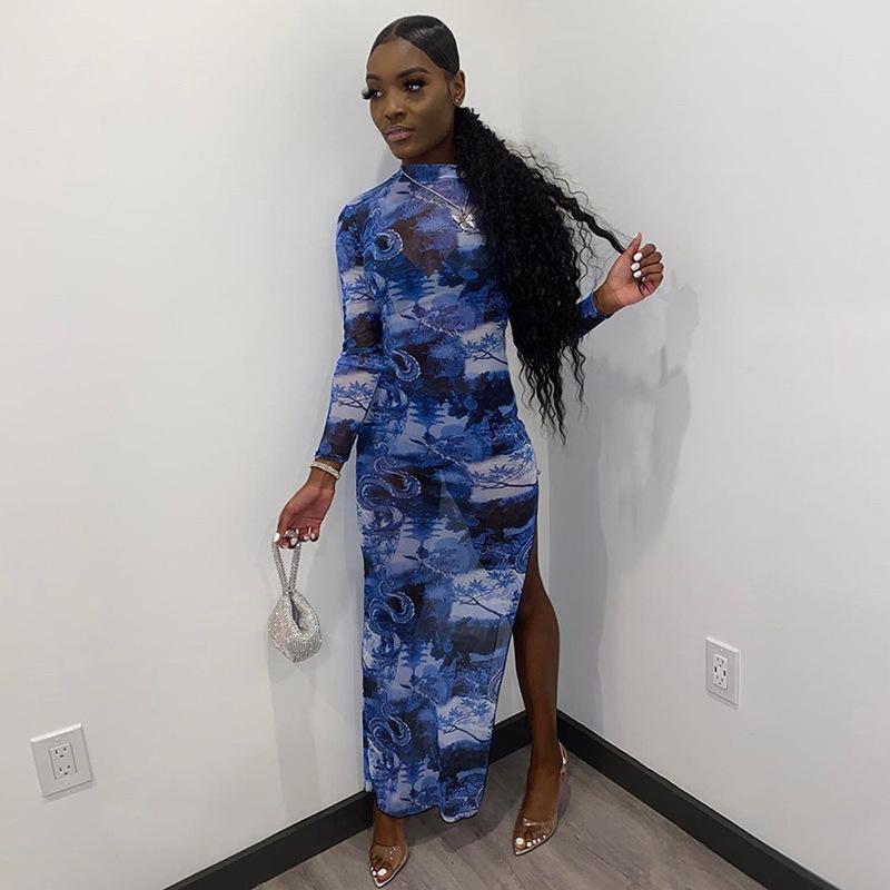

Mesh Sexy Hot See Through Print Maxi Dresses Bodycon Side Slit Long Sleeve Women Clubwear Fashion Autumn Party Dress, Blue