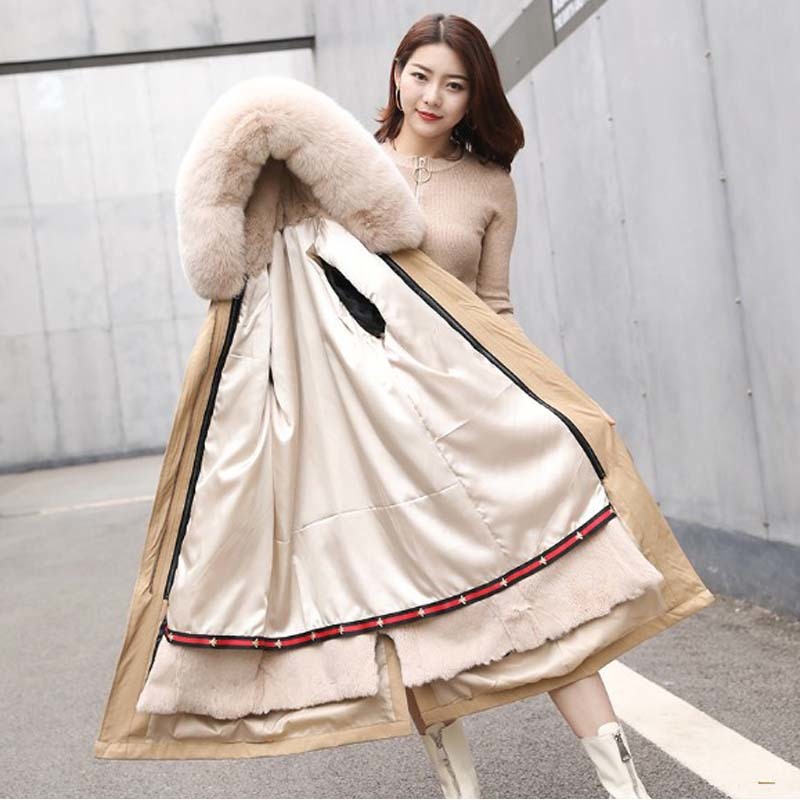 

Royal Women Parka Rex Rabbit Skin Lining Ladies Long Hooded Coat with Female Fox Fur Collar Winter Outerwear E65c, Violet