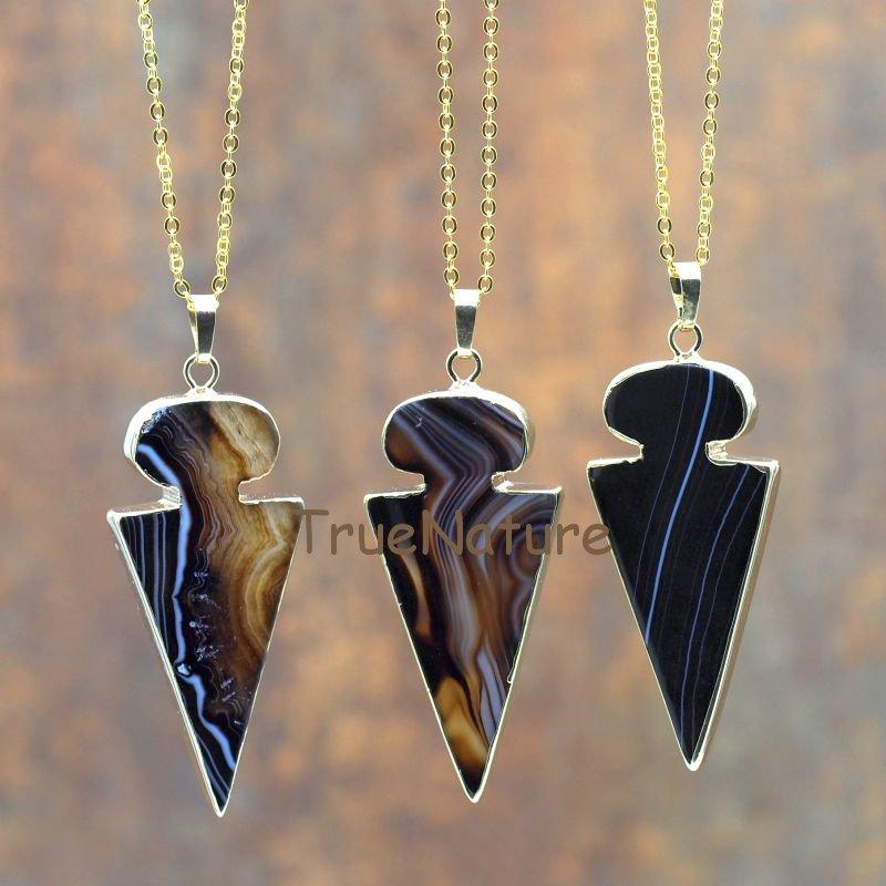 

Wholesale Gold Electroplated Long Chains Stripped Agates Arrowhead Pendant Charm Necklace In 16-32 Inch NM5838