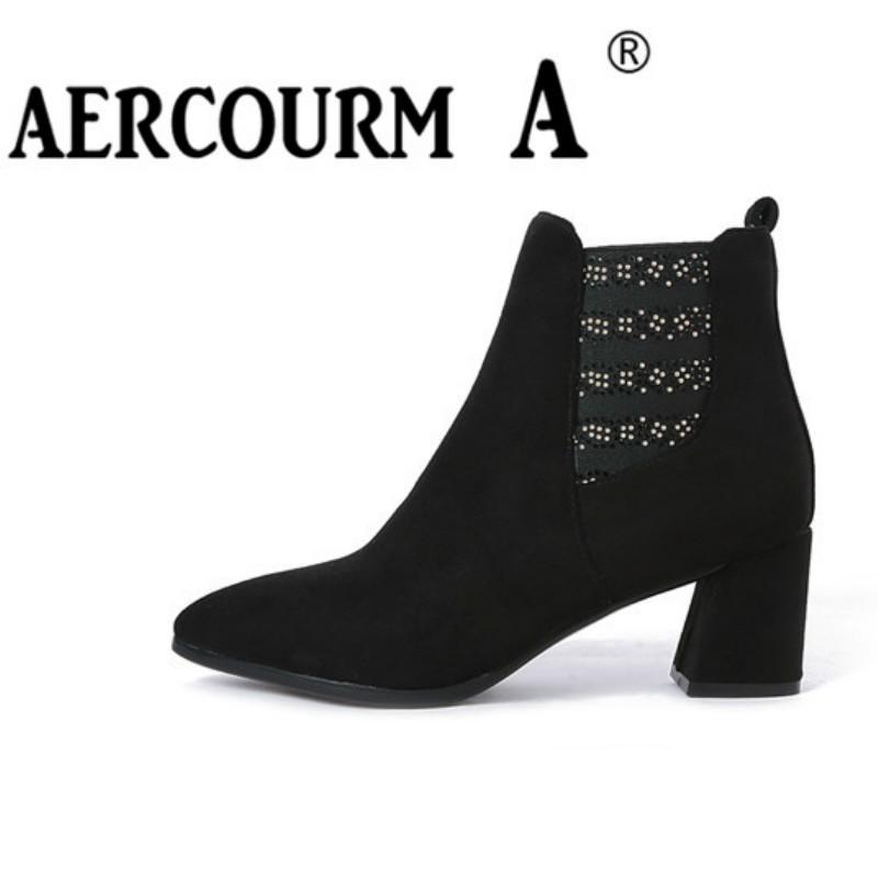

Aercourm A 2020 Women Cow Suede Boots Lady Winter Shoes Ankle Boots Women Black Shoes Leather Short Plush New