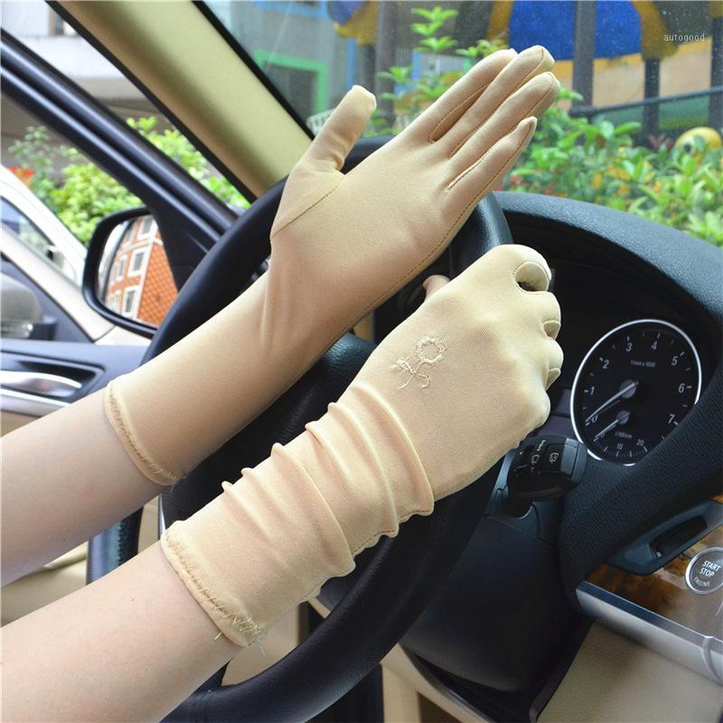 

Five Fingers Gloves 30cm Summer Milk Silk Sunscreen Touch Screen Outdoor Drive High Elasticity Embroidery Breathable Thin Anti-UV Gloves1