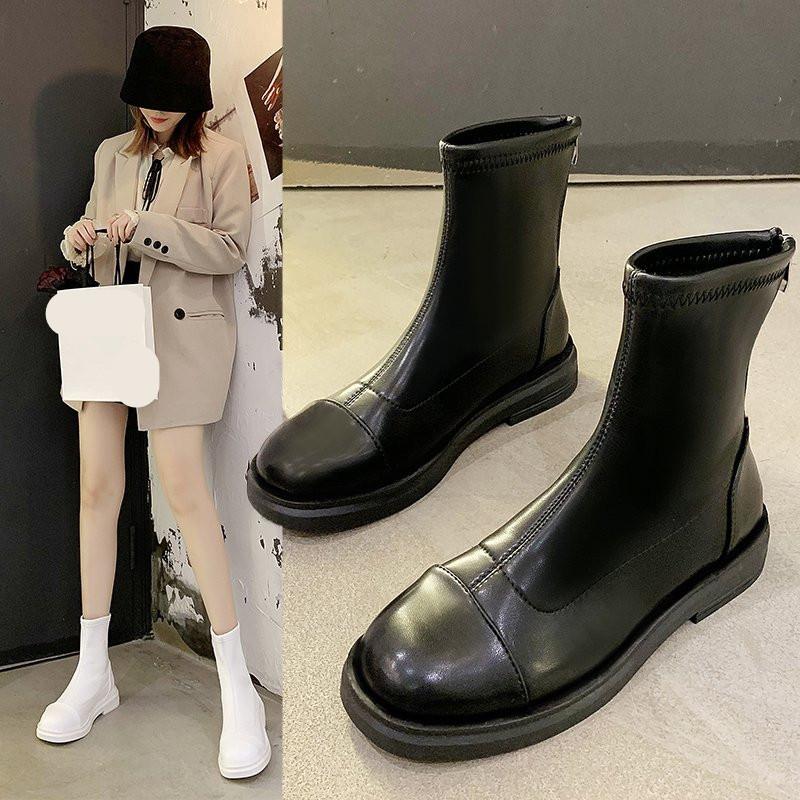 

Lady Boots Women's Rubber Shoes Rain Luxury Designer Back Zip Zipper Flat Heel Boots-Women Round Toe Mid Calf Rock
