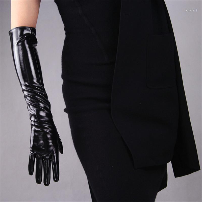 

Five Fingers Gloves 50cm Long Sectiof Patent Leather Emulation Sheepskin Bright PU Black Women's PU42-501