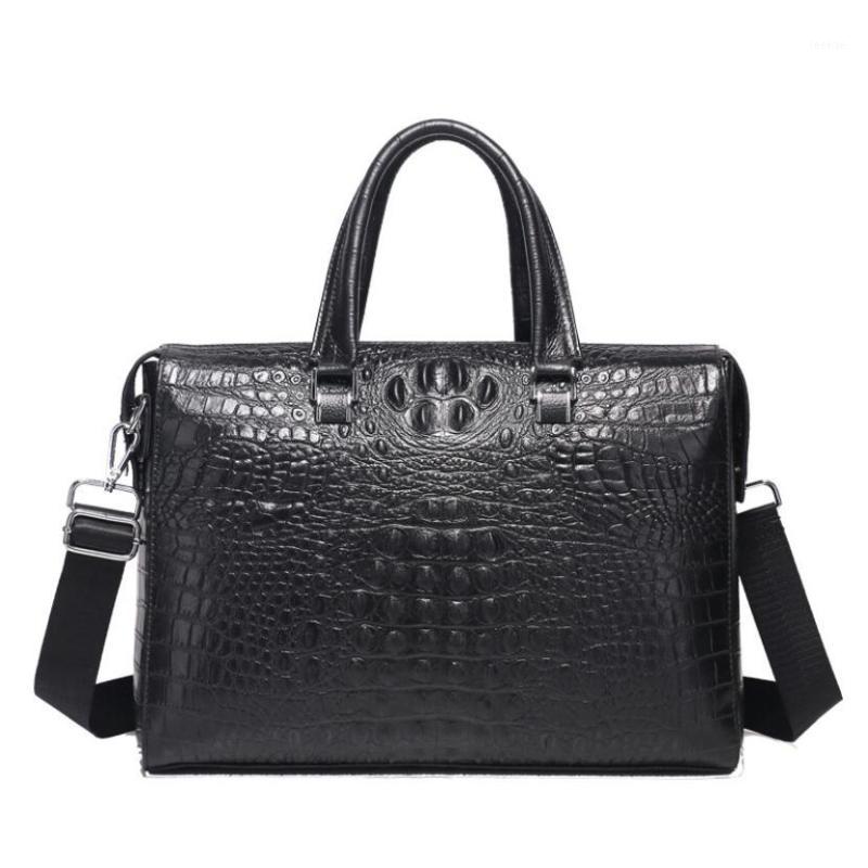 

New Men Real Leather Handbag Zipper Mens Business Briefcases Alligator Pattern Cowhide Soft Handle 14" 15" Laptop Bags1, Black