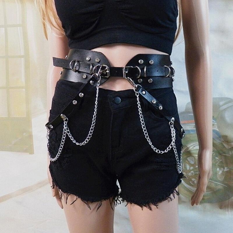 

Women Luxury Ladies Harajuku Gothic Belt Designer Punk Leather Black Ring Chain Buckle Dress Waist Belt Belts For Women, As pic