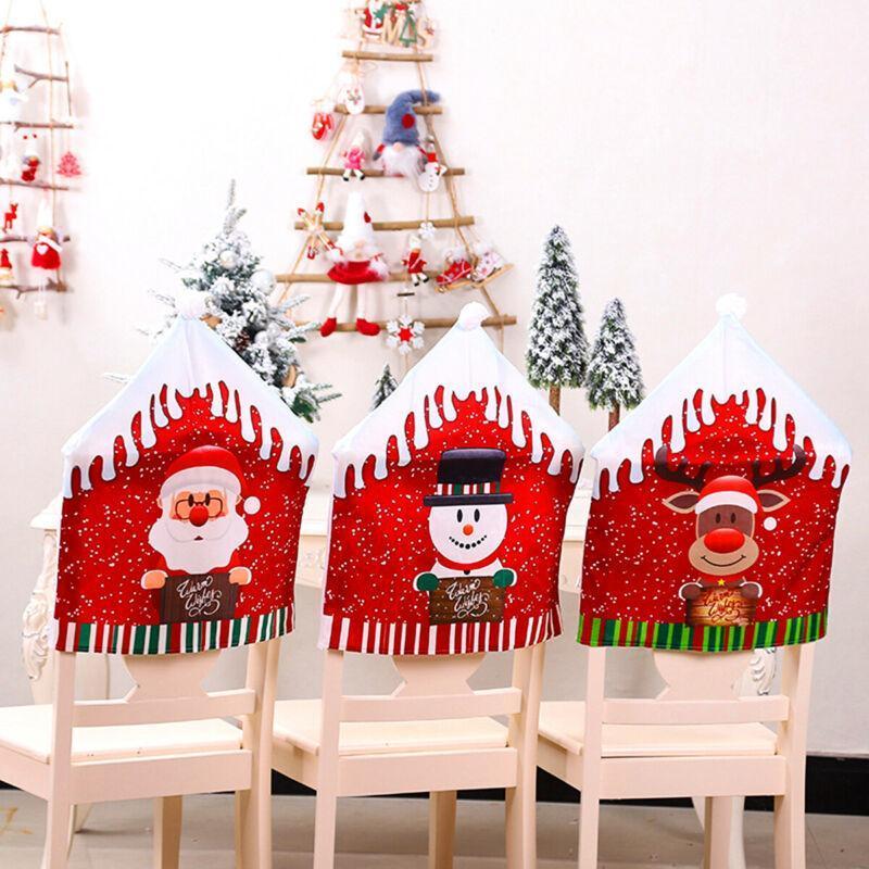 

Santa Claus Christmas Chairs Cover Cap Cartoon Snowman Elk Dinner Table Red Hat Chair Back Decorations1