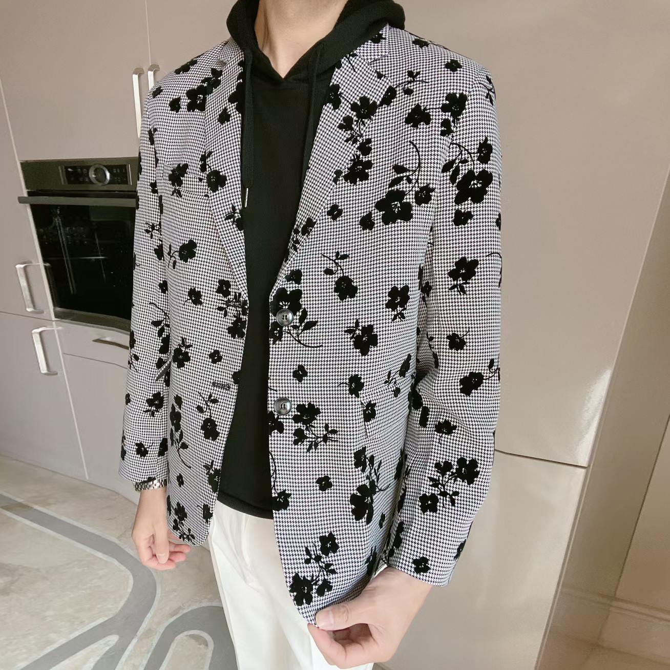 

2020 Wedding Flower Print Hombre for Fiesta Men Blazer Spring Houndstooth Designer Jacket Homme Party Dress N5y6, The pictures