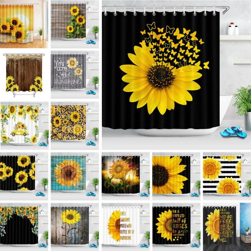 

Sunflower Shower Curtain Autumn Wild Flowers Rustic Wood Board Black Background Bathroom Waterproof Fabric For Art Bathtub Decor