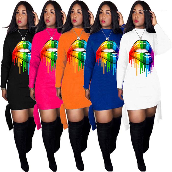 

Dresses Womens O Neck Long Sleeve Casual Dress Plus Size Loose Women Clothing Lips Pattern Bandage, Black;gray